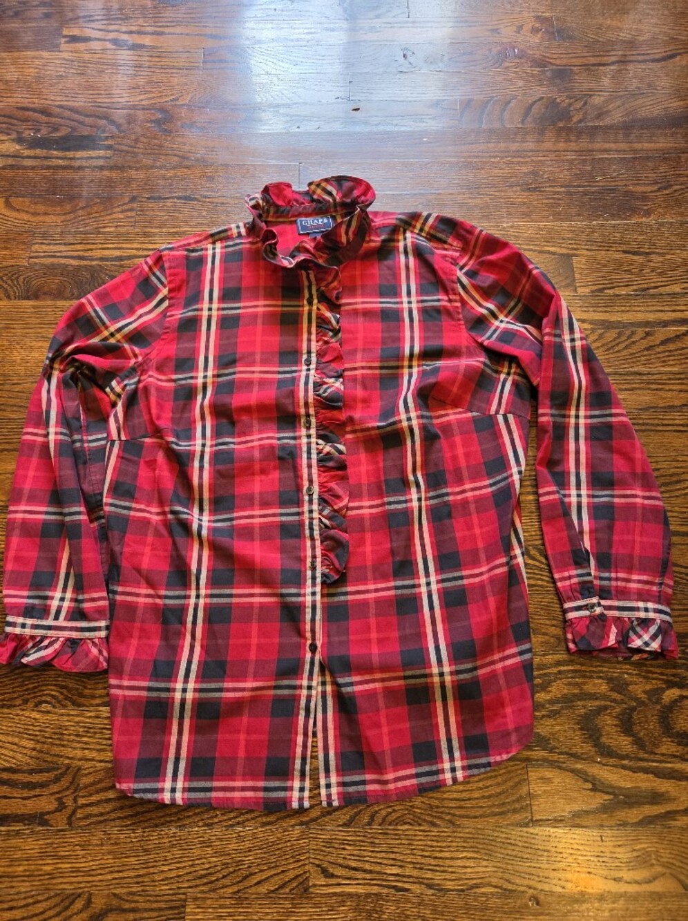 Chaps Red Black and Cream Plaid Ruffle-Front Button-Down Shirt